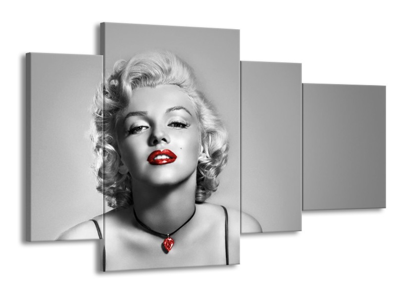 Glasschilderij Marilyn Monroe, Muziek | Grijs, Zwart, Rood | 120x75cm 4Luik