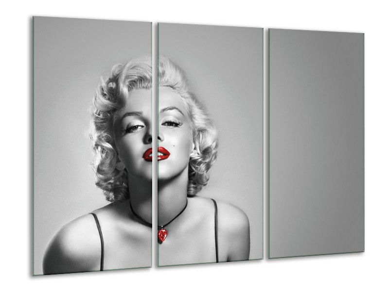 Canvas Schilderij Marilyn Monroe, Muziek | Grijs, Zwart, Rood | 120x80cm 3Luik