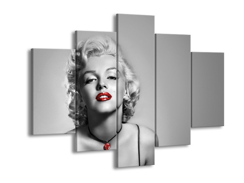 Canvas Schilderij Marilyn Monroe, Muziek | Grijs, Zwart, Rood | 150x105cm 5Luik