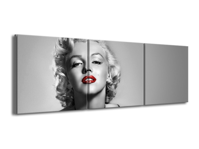 Canvas Schilderij Marilyn Monroe, Muziek | Grijs, Zwart, Rood | 150x50cm 3Luik