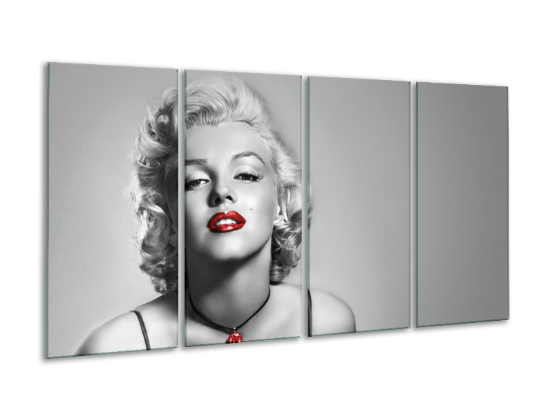 Glasschilderij Marilyn Monroe, Muziek | Grijs, Zwart, Rood | 160x80cm 4Luik