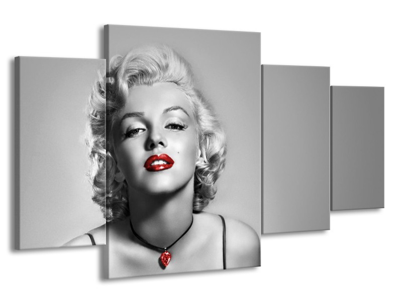 Glasschilderij Marilyn Monroe, Muziek | Grijs, Zwart, Rood | 160x90cm 4Luik
