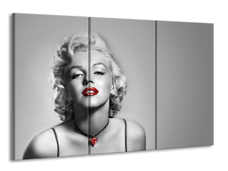 Glasschilderij Marilyn Monroe, Muziek | Grijs, Zwart, Rood | 165x100cm 3Luik