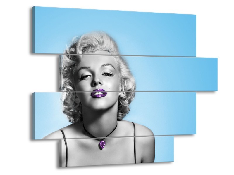 Glasschilderij Marilyn Monroe, Muziek | Grijs, Blauw, Paars | 115x85cm 4Luik