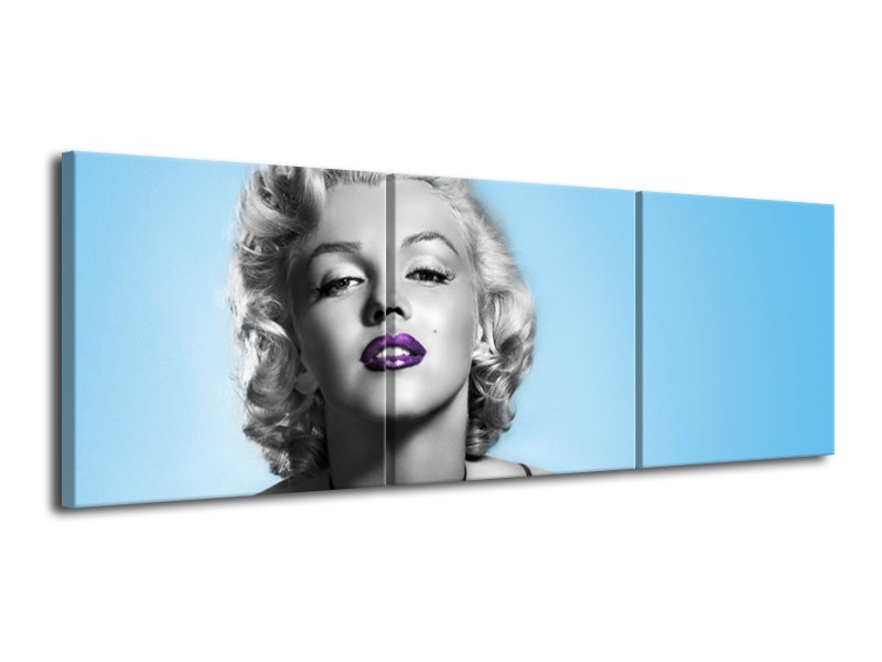 Canvas Schilderij Marilyn Monroe, Muziek | Grijs, Blauw, Paars | 120x40cm 3Luik