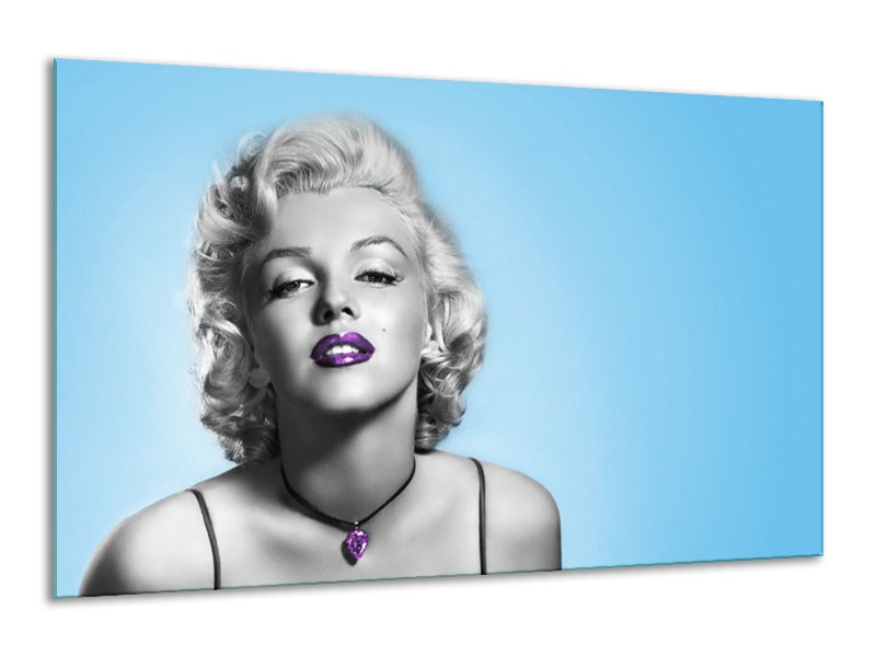Glasschilderij Marilyn Monroe, Muziek | Grijs, Blauw, Paars | 120x70cm 1Luik