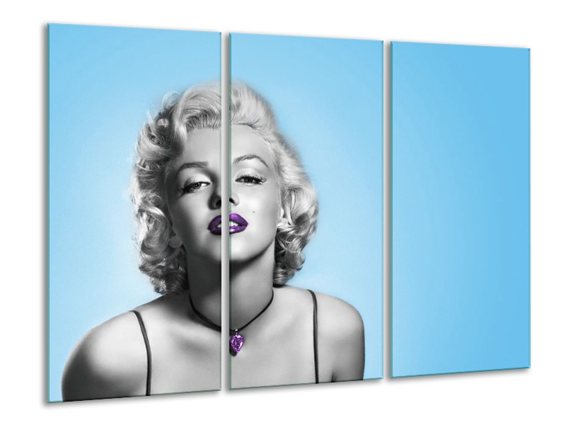 Glasschilderij Marilyn Monroe, Muziek | Grijs, Blauw, Paars | 120x80cm 3Luik