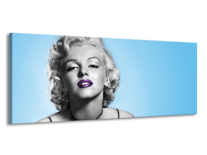 Glasschilderij Marilyn Monroe, Muziek | Grijs, Blauw, Paars | 145x58cm 1Luik