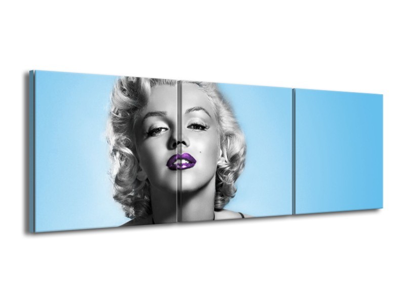 Glasschilderij Marilyn Monroe, Muziek | Grijs, Blauw, Paars | 150x50cm 3Luik