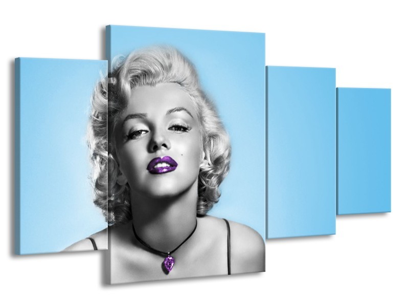 Glasschilderij Marilyn Monroe, Muziek | Grijs, Blauw, Paars | 160x90cm 4Luik