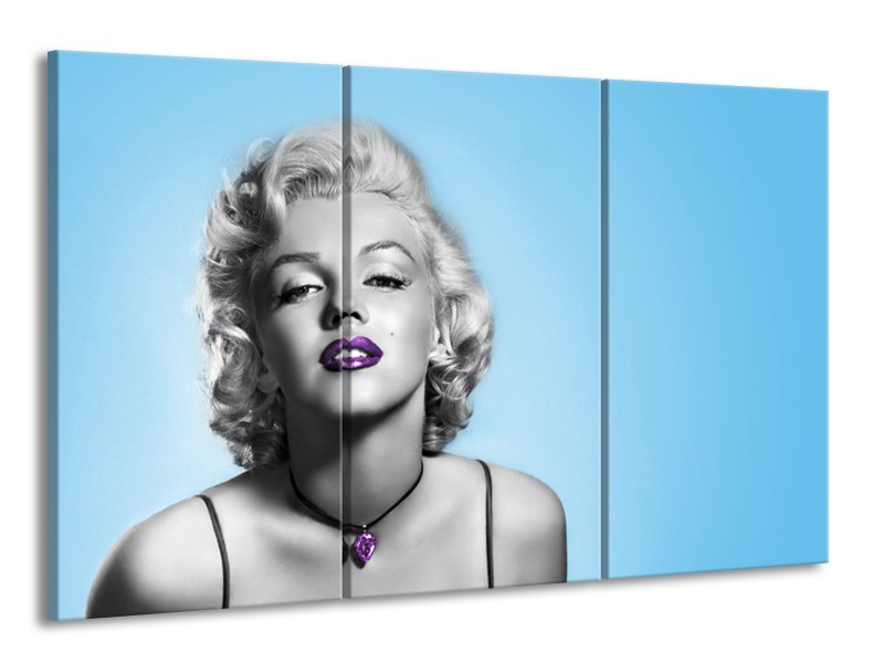 Glasschilderij Marilyn Monroe, Muziek | Grijs, Blauw, Paars | 165x100cm 3Luik