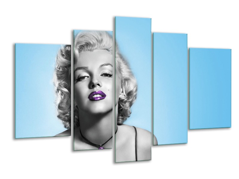 Glasschilderij Marilyn Monroe, Muziek | Grijs, Blauw, Paars | 170x100cm 5Luik