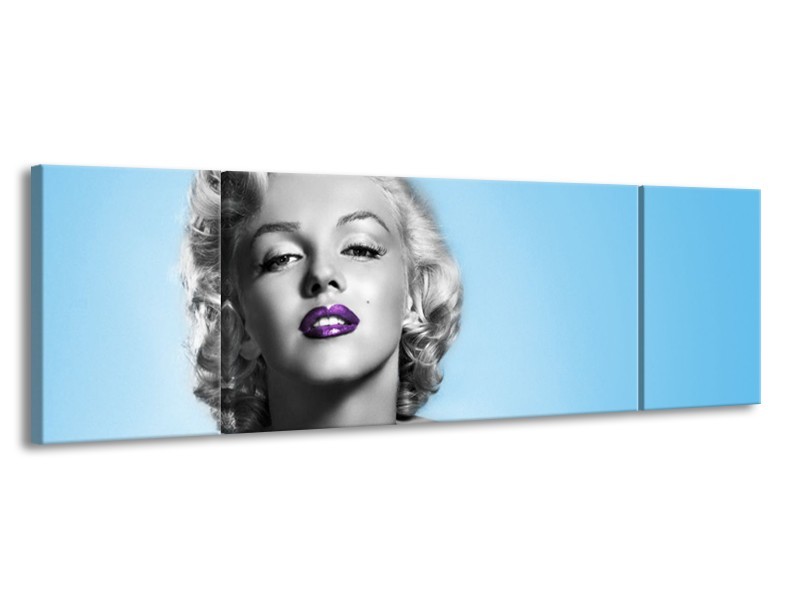 Glasschilderij Marilyn Monroe, Muziek | Grijs, Blauw, Paars | 170x50cm 3Luik