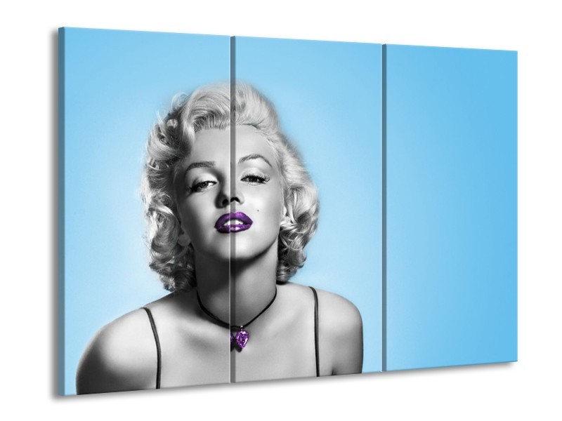 Glasschilderij Marilyn Monroe, Muziek | Grijs, Blauw, Paars | 60x90cm 3Luik
