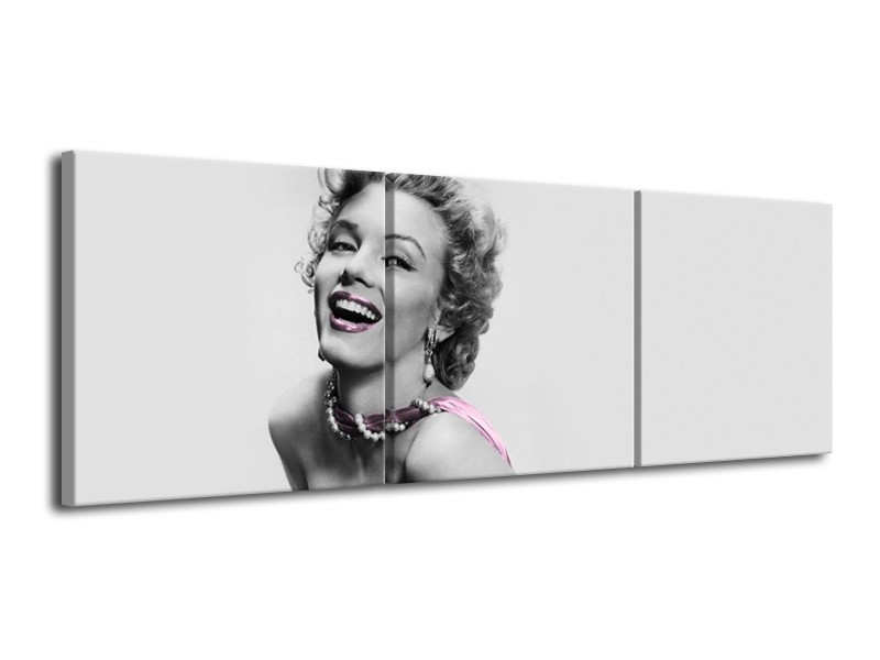 Canvas Schilderij Marilyn Monroe, Muziek | Grijs, Wit, Paars | 120x40cm 3Luik