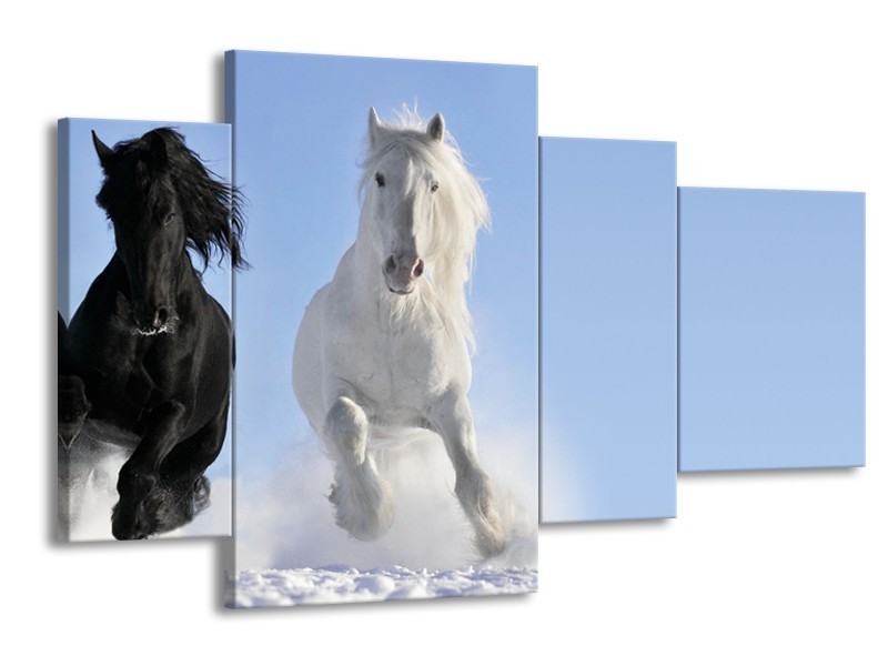 Canvas Schilderij Paard, Dieren | Blauw, Zwart, Wit | 120x75cm 4Luik