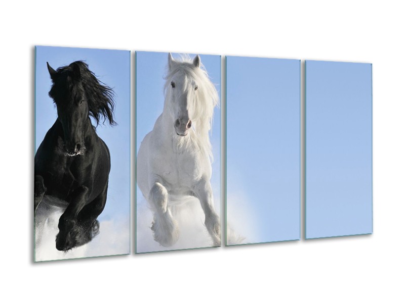 Canvas Schilderij Paard, Dieren | Blauw, Zwart, Wit | 160x80cm 4Luik