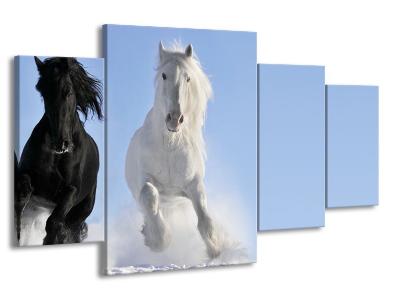 Canvas Schilderij Paard, Dieren | Blauw, Zwart, Wit | 160x90cm 4Luik