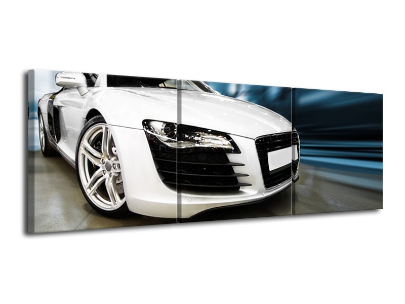 Glasschilderij Audi, Auto | Wit, Blauw | 120x40cm 3Luik