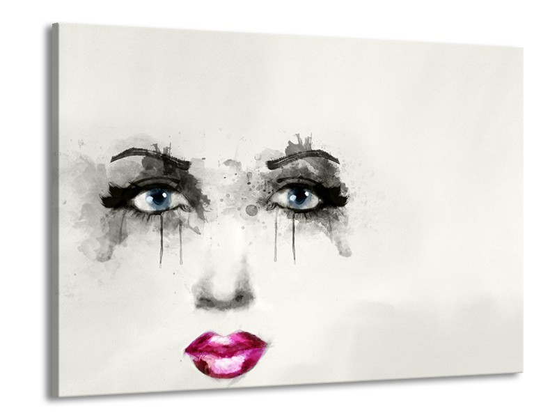 Canvas Schilderij Gezicht, Vrouw | Zwart, Roze, Crème | 100x70cm 1Luik