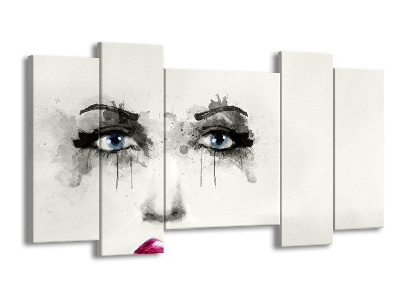 Canvas Schilderij Gezicht, Vrouw | Zwart, Roze, Crème | 120x65cm 5Luik