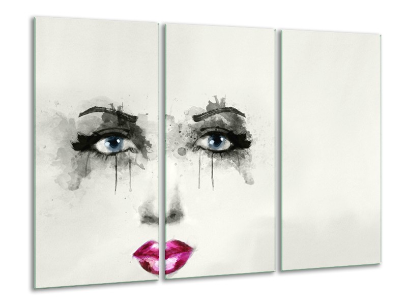 Canvas Schilderij Gezicht, Vrouw | Zwart, Roze, Crème | 120x80cm 3Luik