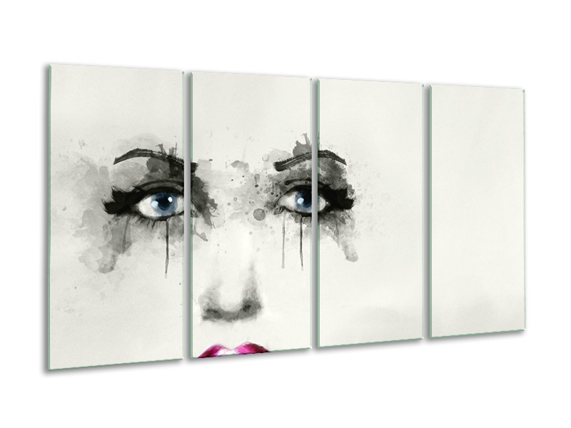 Canvas Schilderij Gezicht, Vrouw | Zwart, Roze, Crème | 160x80cm 4Luik