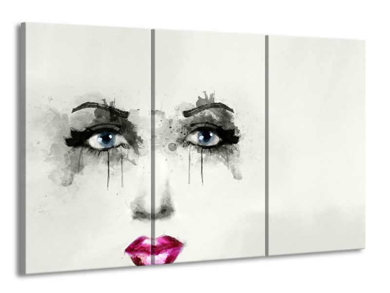 Canvas Schilderij Gezicht, Vrouw | Zwart, Roze, Crème | 165x100cm 3Luik