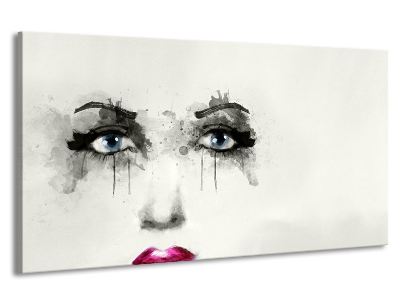 Canvas Schilderij Gezicht, Vrouw | Zwart, Roze, Crème | 190x100cm 1Luik