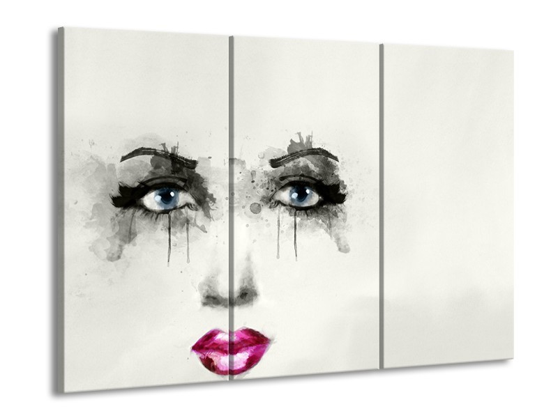 Canvas Schilderij Gezicht, Vrouw | Zwart, Roze, Crème | 60x90cm 3Luik