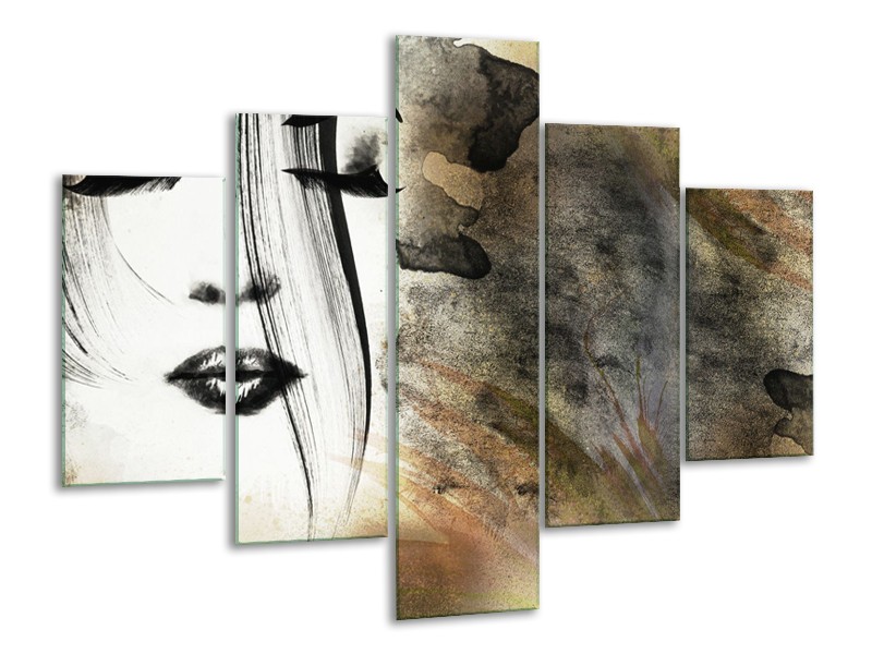 Glasschilderij Gezicht, Vrouw | Zwart, Bruin, Wit | 100x70cm 5Luik