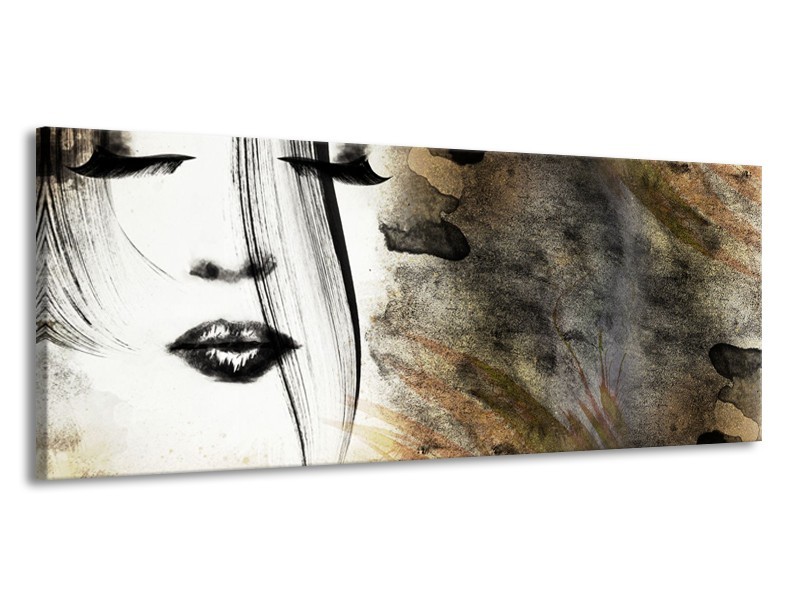 Canvas Schilderij Gezicht, Vrouw | Zwart, Bruin, Wit | 145x58cm 1Luik