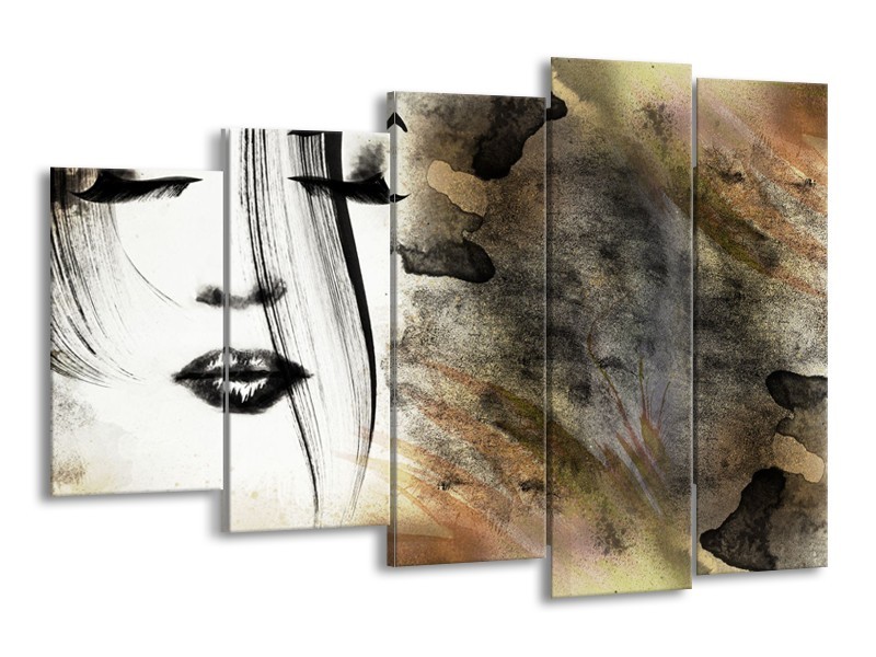 Glasschilderij Gezicht, Vrouw | Zwart, Bruin, Wit | 150x100cm 5Luik
