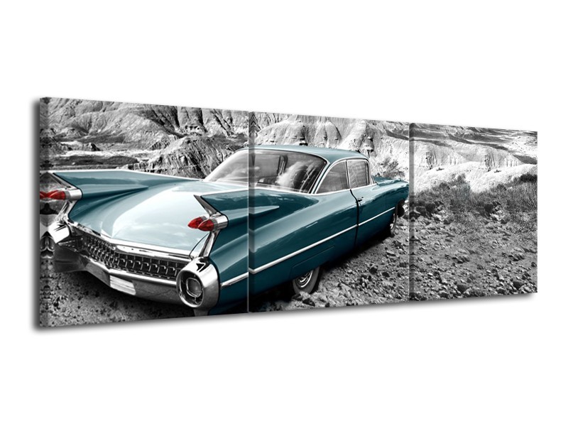 Glasschilderij Oldtimer, Auto | Zwart, Wit | 120x40cm 3Luik