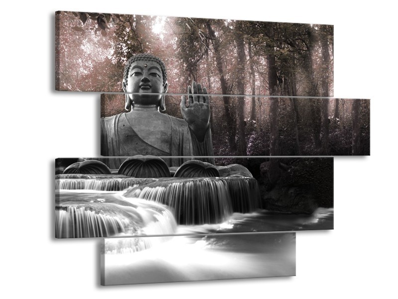 Canvas Schilderij Boeddha, Natuur | Grijs, Bruin | 115x85cm 4Luik