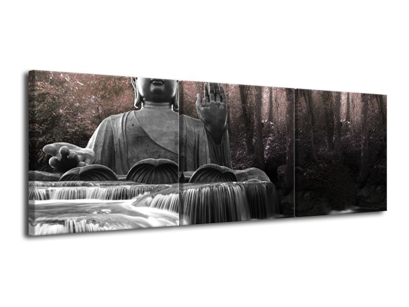 Canvas Schilderij Boeddha, Natuur | Grijs, Bruin | 120x40cm 3Luik