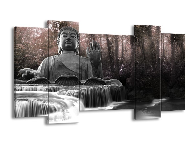 Canvas Schilderij Boeddha, Natuur | Grijs, Bruin | 120x65cm 5Luik