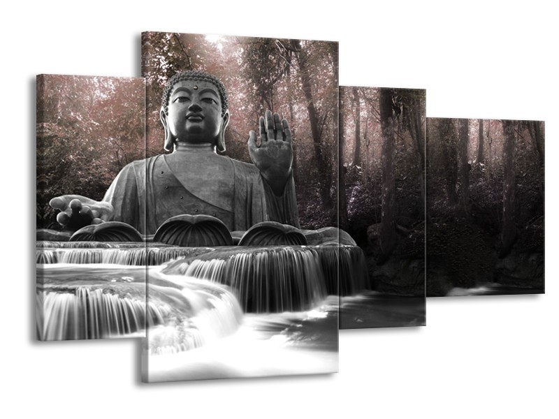 Canvas Schilderij Boeddha, Natuur | Grijs, Bruin | 120x75cm 4Luik