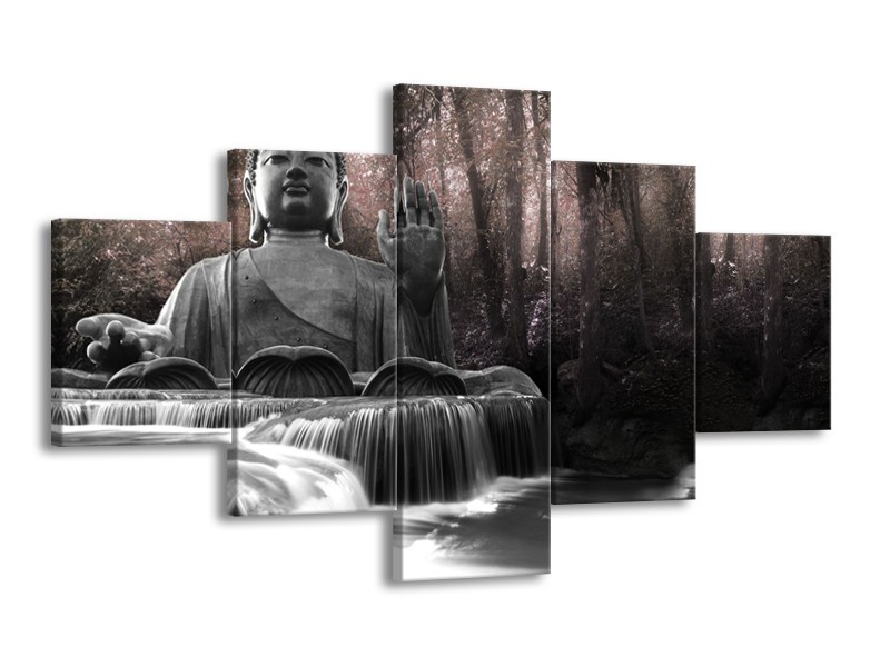 Canvas Schilderij Boeddha, Natuur | Grijs, Bruin | 125x70cm 5Luik