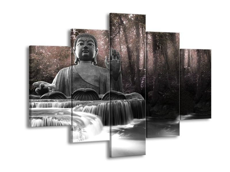 Canvas Schilderij Boeddha, Natuur | Grijs, Bruin | 150x105cm 5Luik