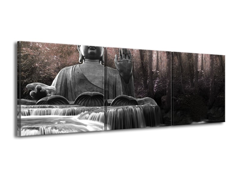 Canvas Schilderij Boeddha, Natuur | Grijs, Bruin | 150x50cm 3Luik