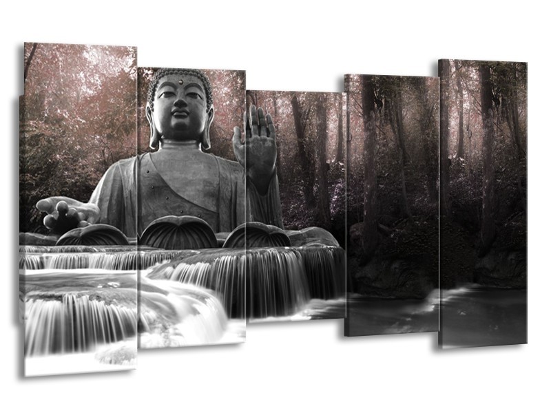 Canvas Schilderij Boeddha, Natuur | Grijs, Bruin | 150x80cm 5Luik