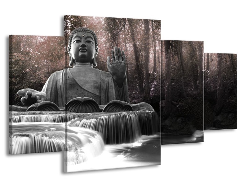 Canvas Schilderij Boeddha, Natuur | Grijs, Bruin | 160x90cm 4Luik