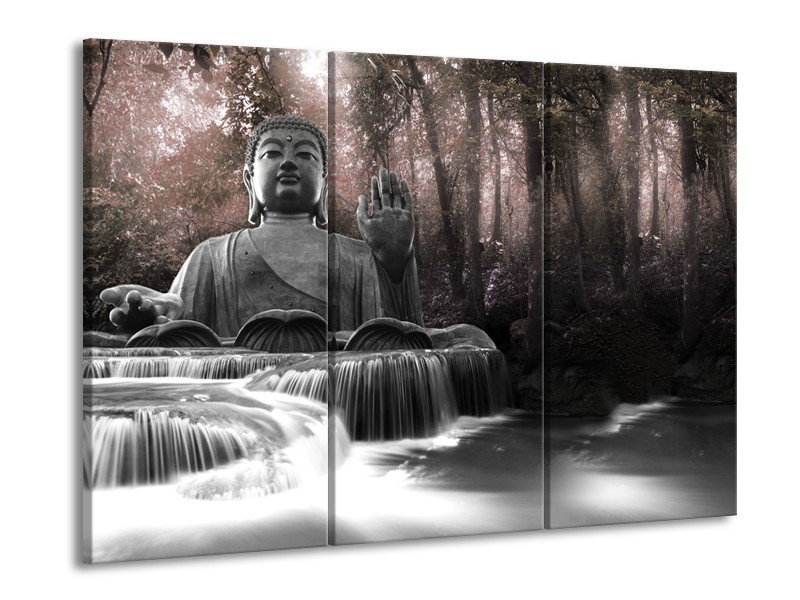 Canvas Schilderij Boeddha, Natuur | Grijs, Bruin | 60x90cm 3Luik