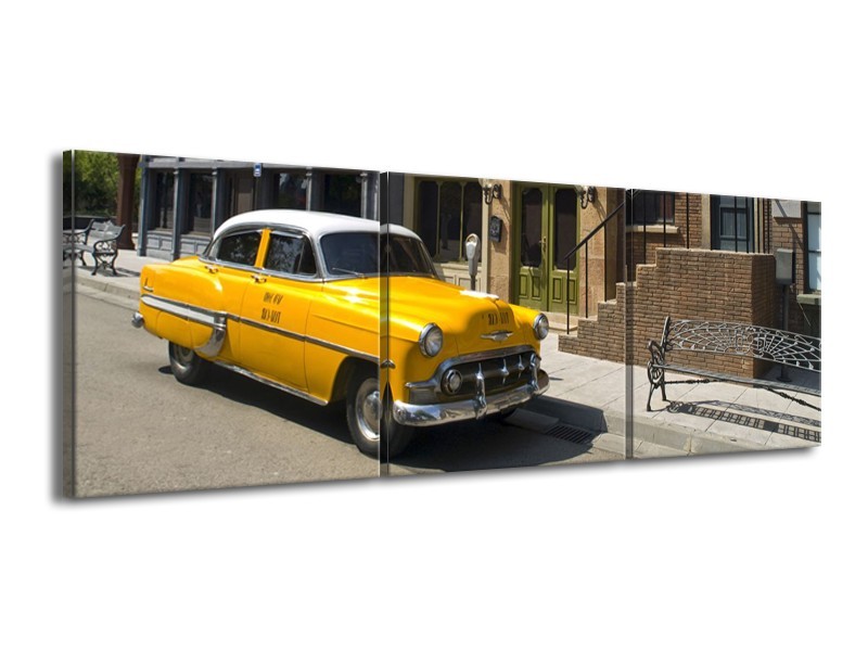 Canvas Schilderij Oldtimer, Auto | Geel, Bruin | 150x50cm 3Luik