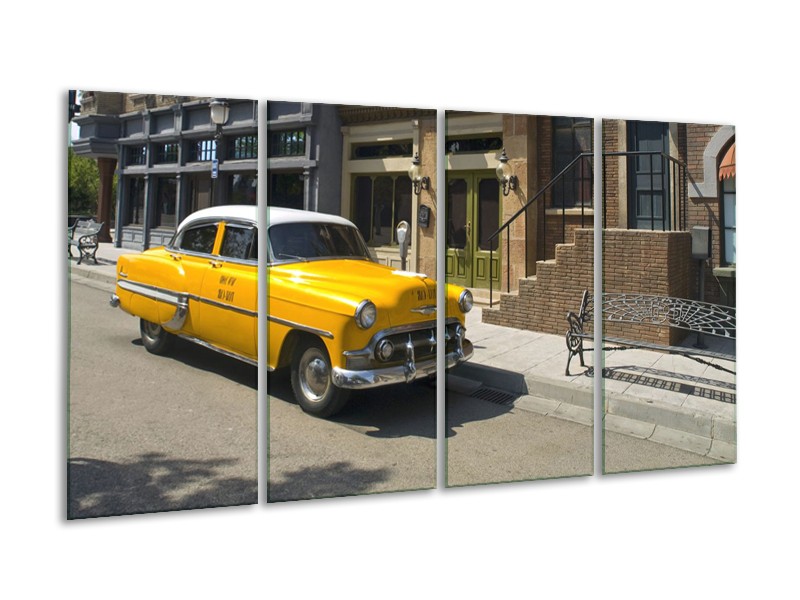 Glasschilderij Oldtimer, Auto | Geel, Bruin | 160x80cm 4Luik