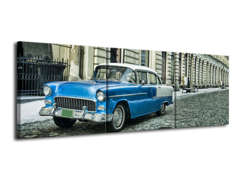 Glasschilderij Oldtimer, Auto | Blauw, Groen, Grijs | 120x40cm 3Luik