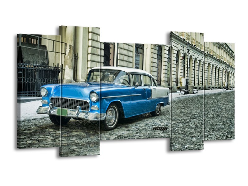 Canvas Schilderij Oldtimer, Auto | Blauw, Groen, Grijs | 120x65cm 5Luik