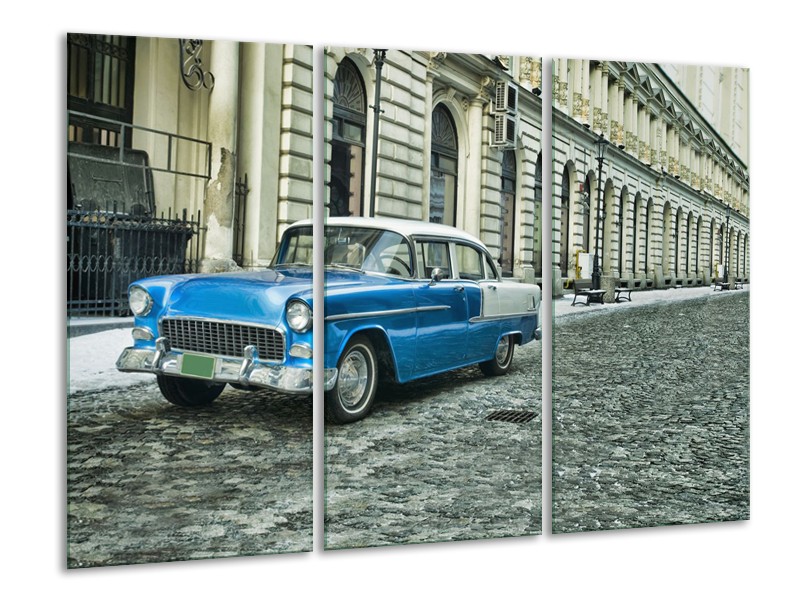 Glasschilderij Oldtimer, Auto | Blauw, Groen, Grijs | 120x80cm 3Luik