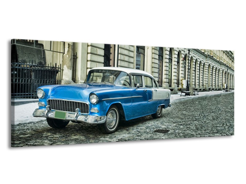 Canvas Schilderij Oldtimer, Auto | Blauw, Groen, Grijs | 145x58cm 1Luik